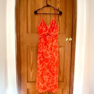 Twist-front Orange/coral pink Floral Slip Dress with cut out